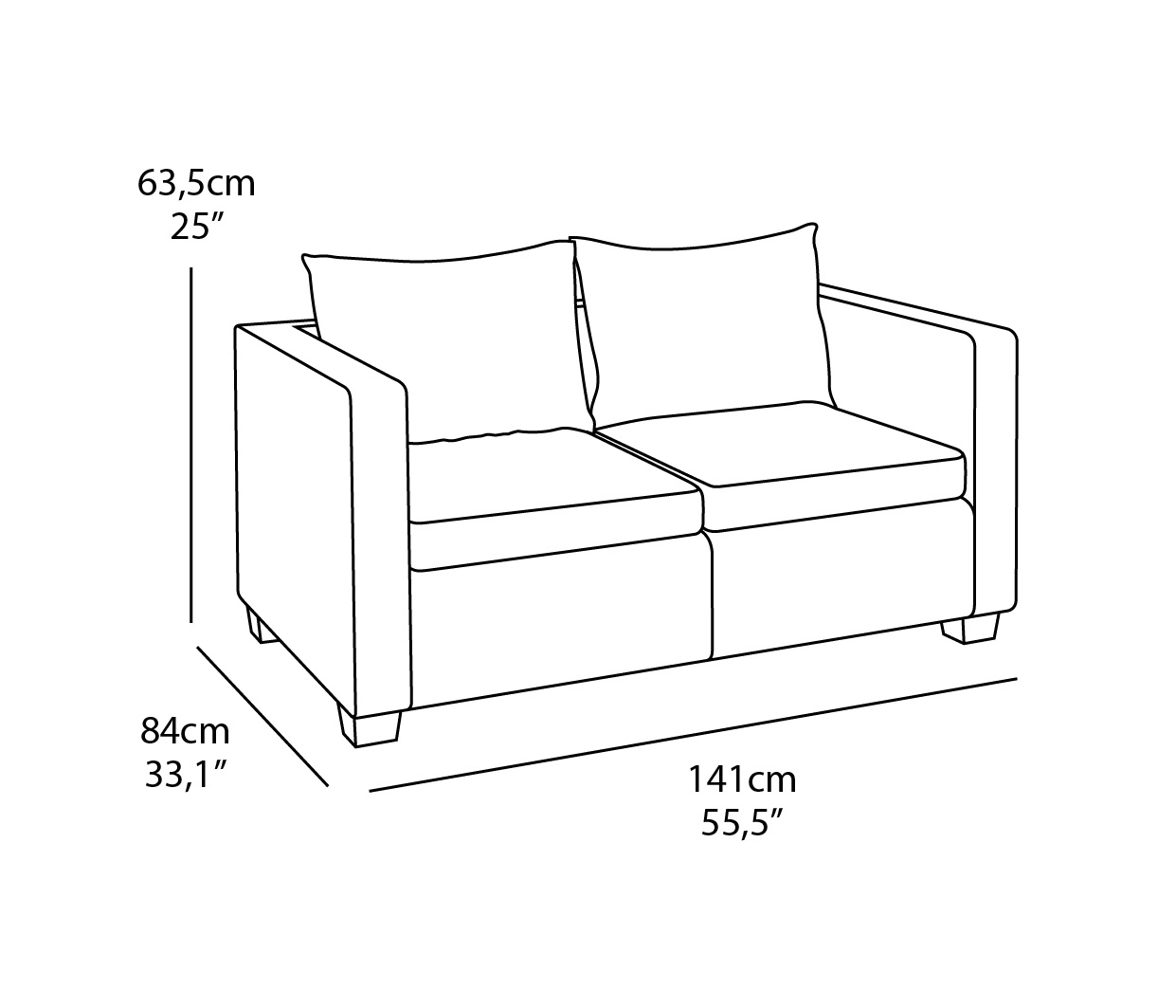 Allibert Salta 2-Sitzer, mit Armlehnen, Gartenmöbel - Dimension, Abmessungen: H 63,5 cm x L 141 cm x B 84 cm