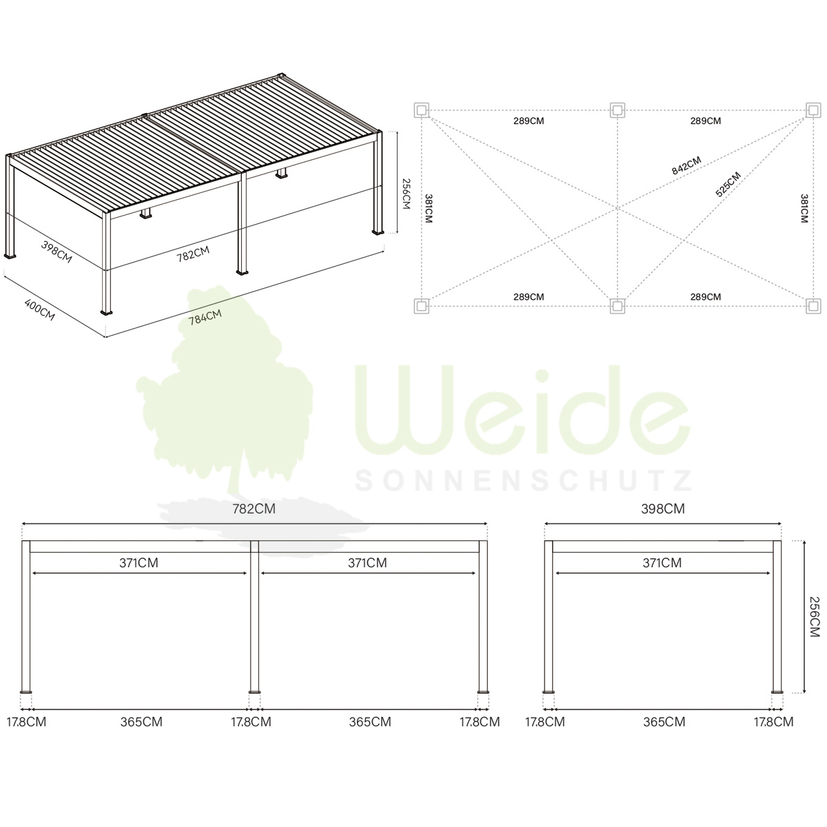 Weide Pergola Skizze 4 x 8 Meter Deluxe Plus