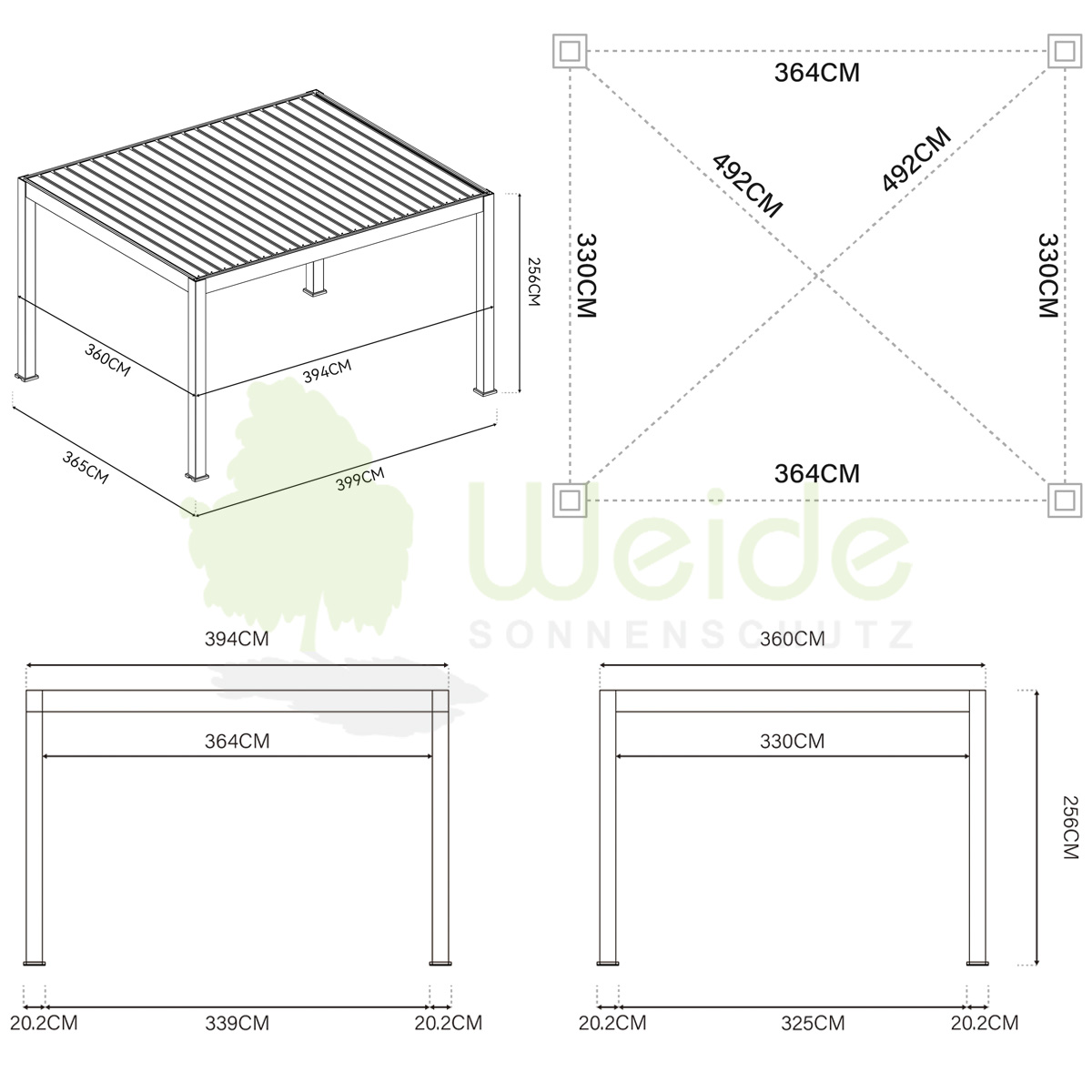 Weide Pergola Prestige 3,6 x 4 Meter - Maße